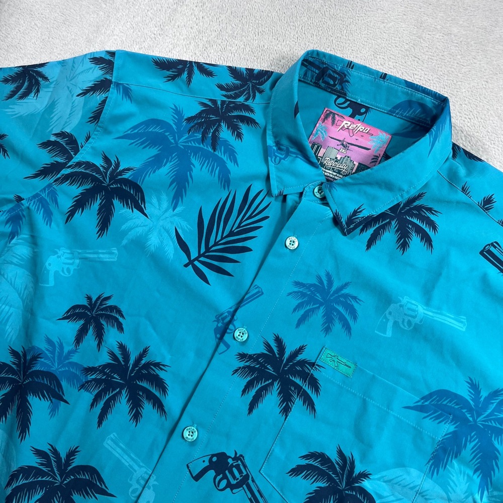 Retro Rifle Retro City Mens 2XL Turquoise Palm Tree Revolver Button Down Shirt